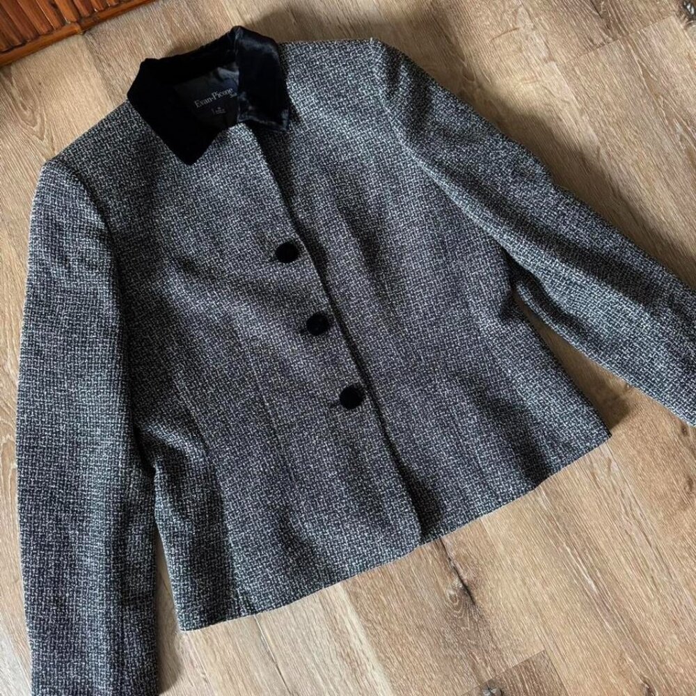 Evan-Picone Women’s Grey & Black Houndstooth‎ Velvet Collar Blazer Size 14